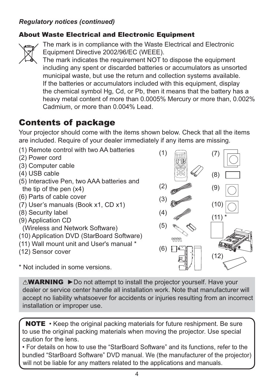 Contents of package | Dukane Data Video LCD - Interactive WXGA UST Projector 8107HWI User Manual | Page 6 / 28