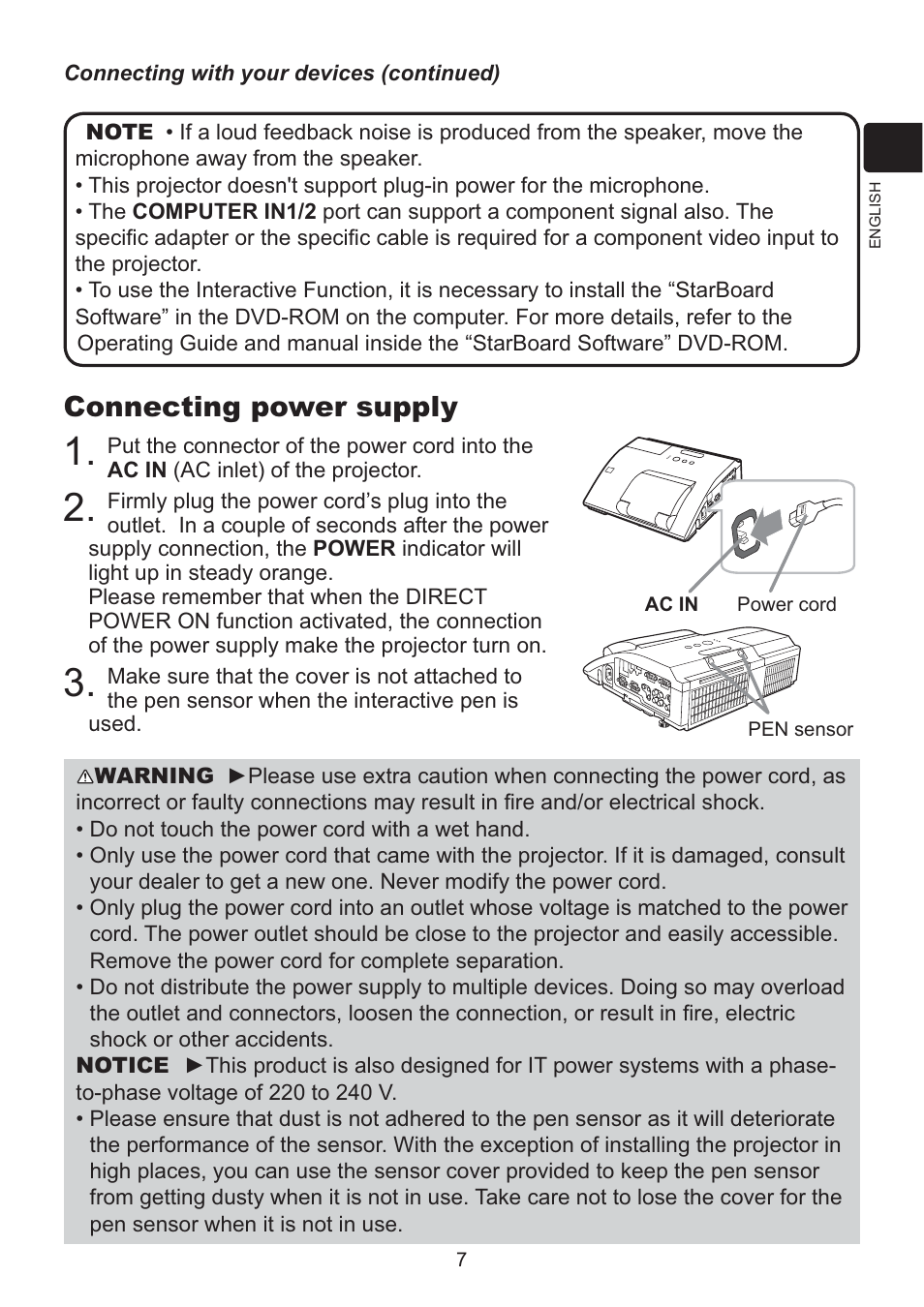 Connecting power supply | Dukane Data Video LCD - Interactive WXGA UST Projector 8107HWI User Manual | Page 9 / 28