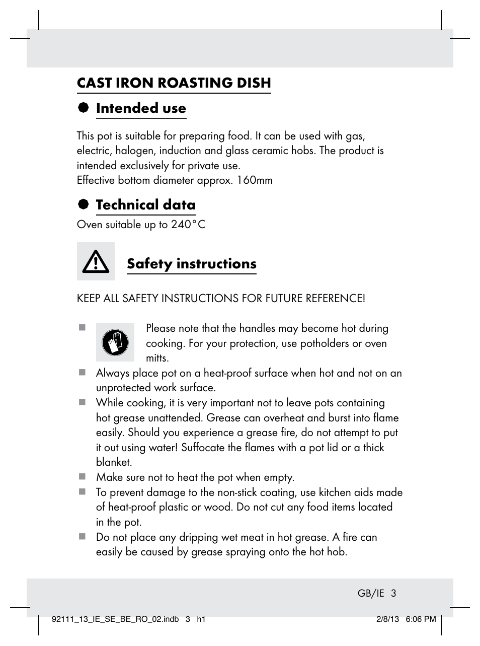 Cast iron roasting dish § intended use, Technical data, Safety instructions | Ernesto Z31681 User Manual | Page 3 / 26