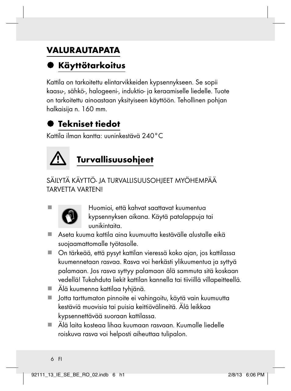 Valurautapata § käyttötarkoitus, Tekniset tiedot, Turvallisuusohjeet | Ernesto Z31681 User Manual | Page 6 / 26