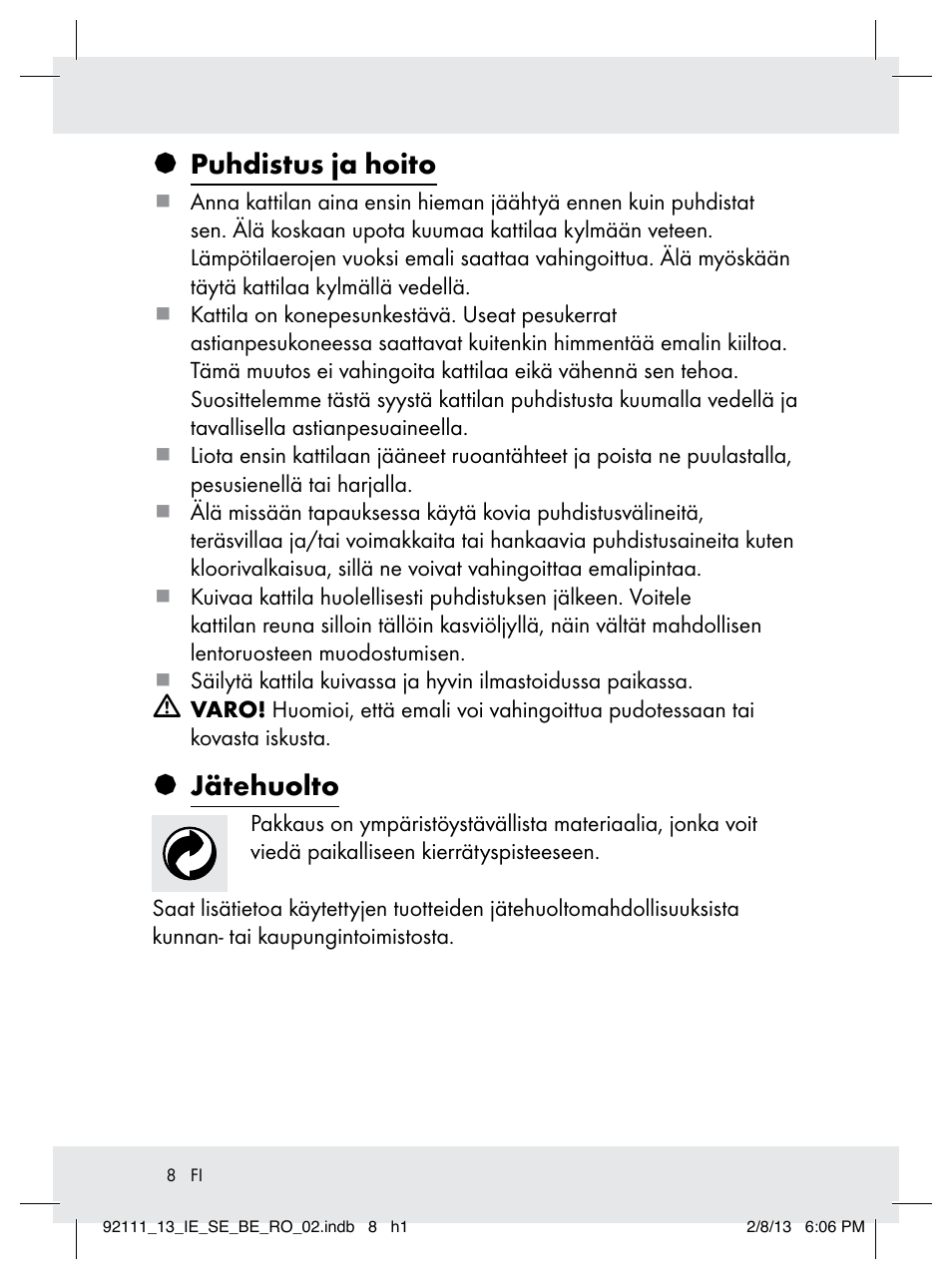 Puhdistus ja hoito, Jätehuolto | Ernesto Z31681 User Manual | Page 8 / 26