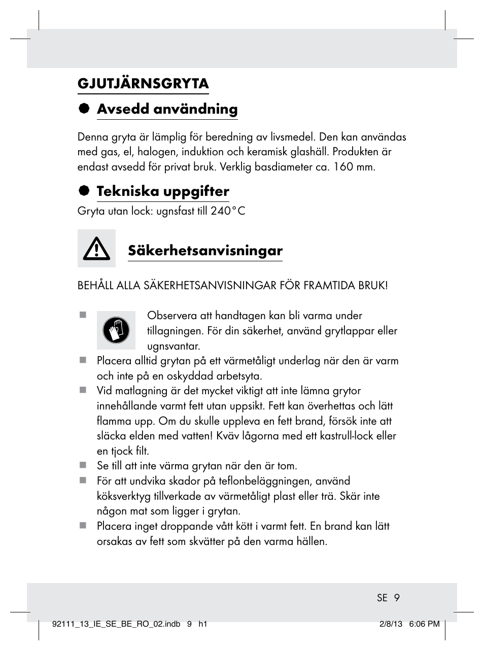 Gjutjärnsgryta § avsedd användning, Tekniska uppgifter, Säkerhetsanvisningar | Ernesto Z31681 User Manual | Page 9 / 26