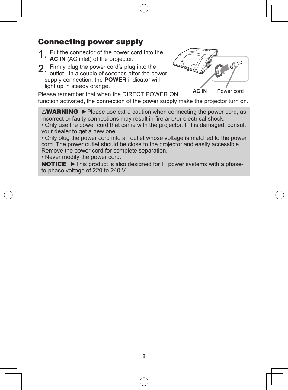 Connecting power supply | Dukane LCD Data Video Projector 8104HW User Manual | Page 10 / 24
