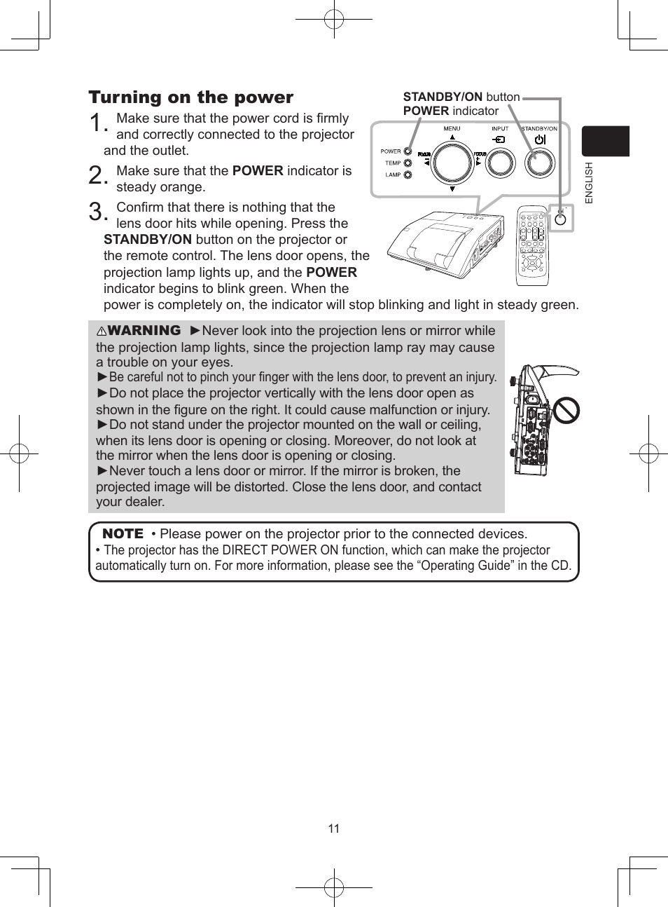 Turning on the power, Standby/on button power indicator | Dukane LCD Data Video Projector 8104HW User Manual | Page 13 / 24