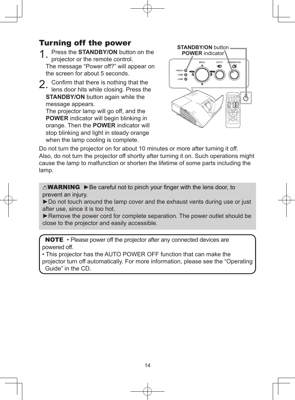 Turning off the power, Standby/on button power indicator | Dukane LCD Data Video Projector 8104HW User Manual | Page 16 / 24