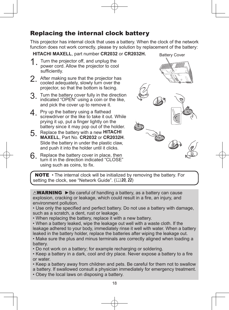 Replacing the internal clock battery | Dukane LCD Data Video Projector 8104HW User Manual | Page 20 / 24