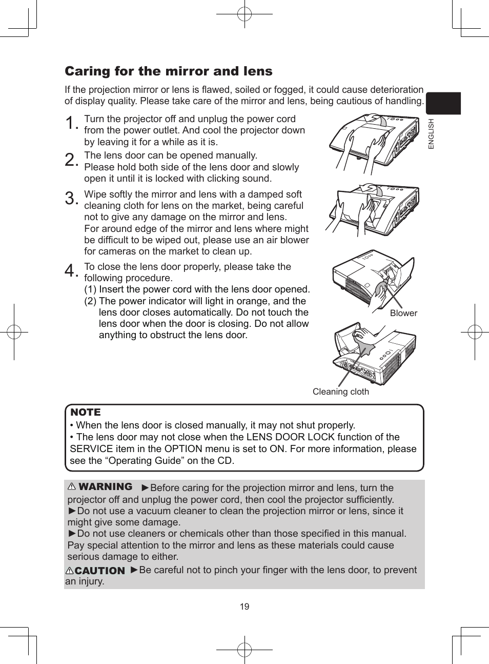 Caring for the mirror and lens | Dukane LCD Data Video Projector 8104HW User Manual | Page 21 / 24