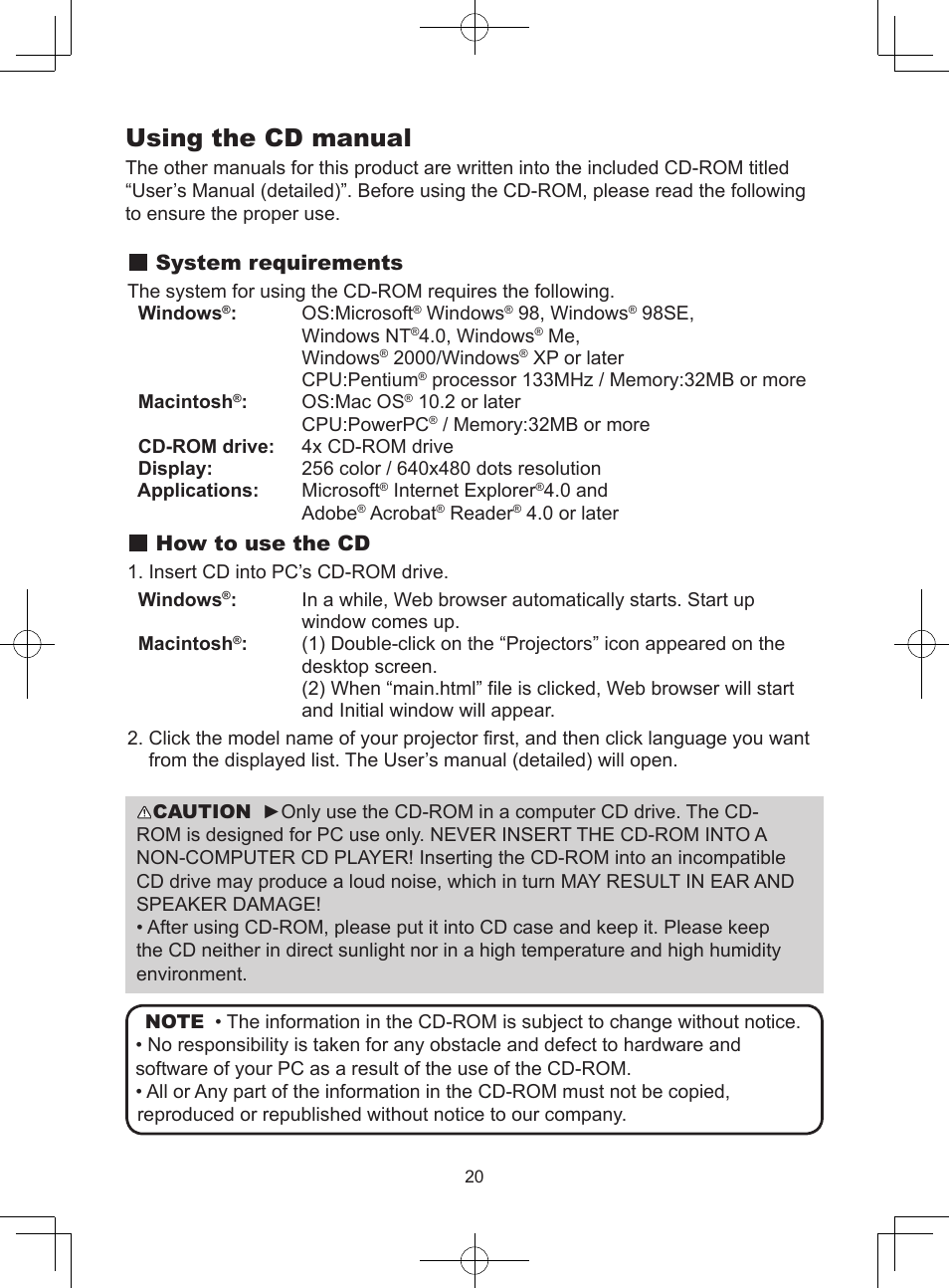 Using the cd manual, System requirements, How to use the cd | Dukane LCD Data Video Projector 8104HW User Manual | Page 22 / 24