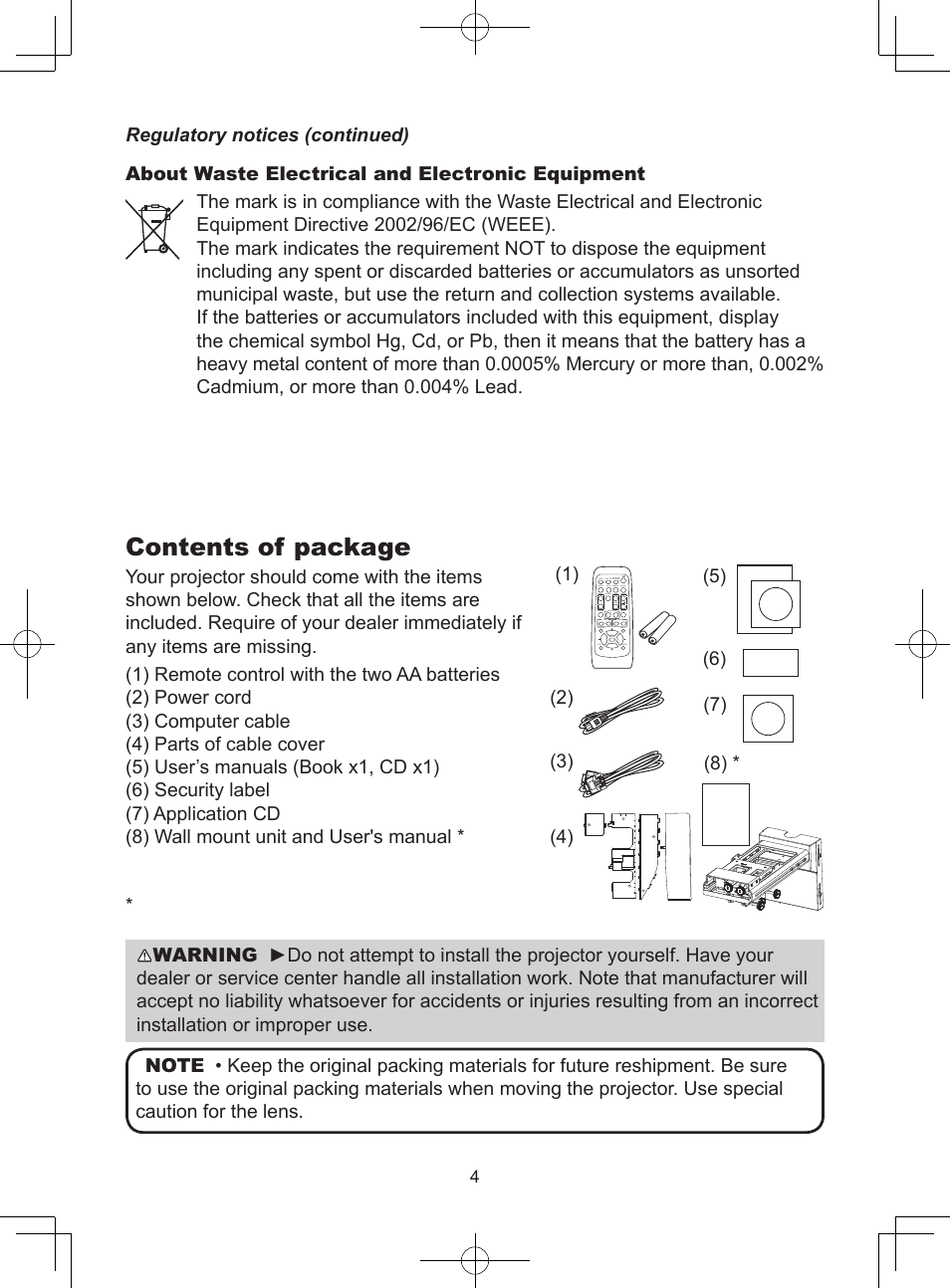 Contents of package | Dukane LCD Data Video Projector 8104HW User Manual | Page 6 / 24