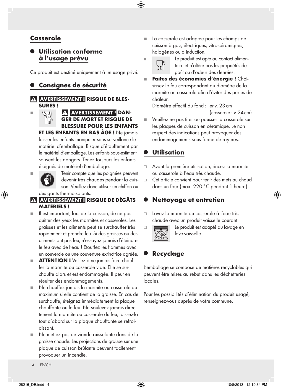 Casserole, Utilisation conforme à l’usage prévu, Consignes de sécurité | Utilisation, Nettoyage et entretien, Recyclage | Ernesto Z31822 User Manual | Page 4 / 7