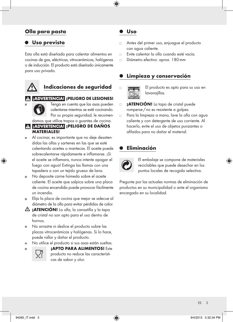 Olla para pasta uso previsto, Indicaciones de seguridad, Limpieza y conservación | Eliminación | Ernesto Z26782 User Manual | Page 3 / 8