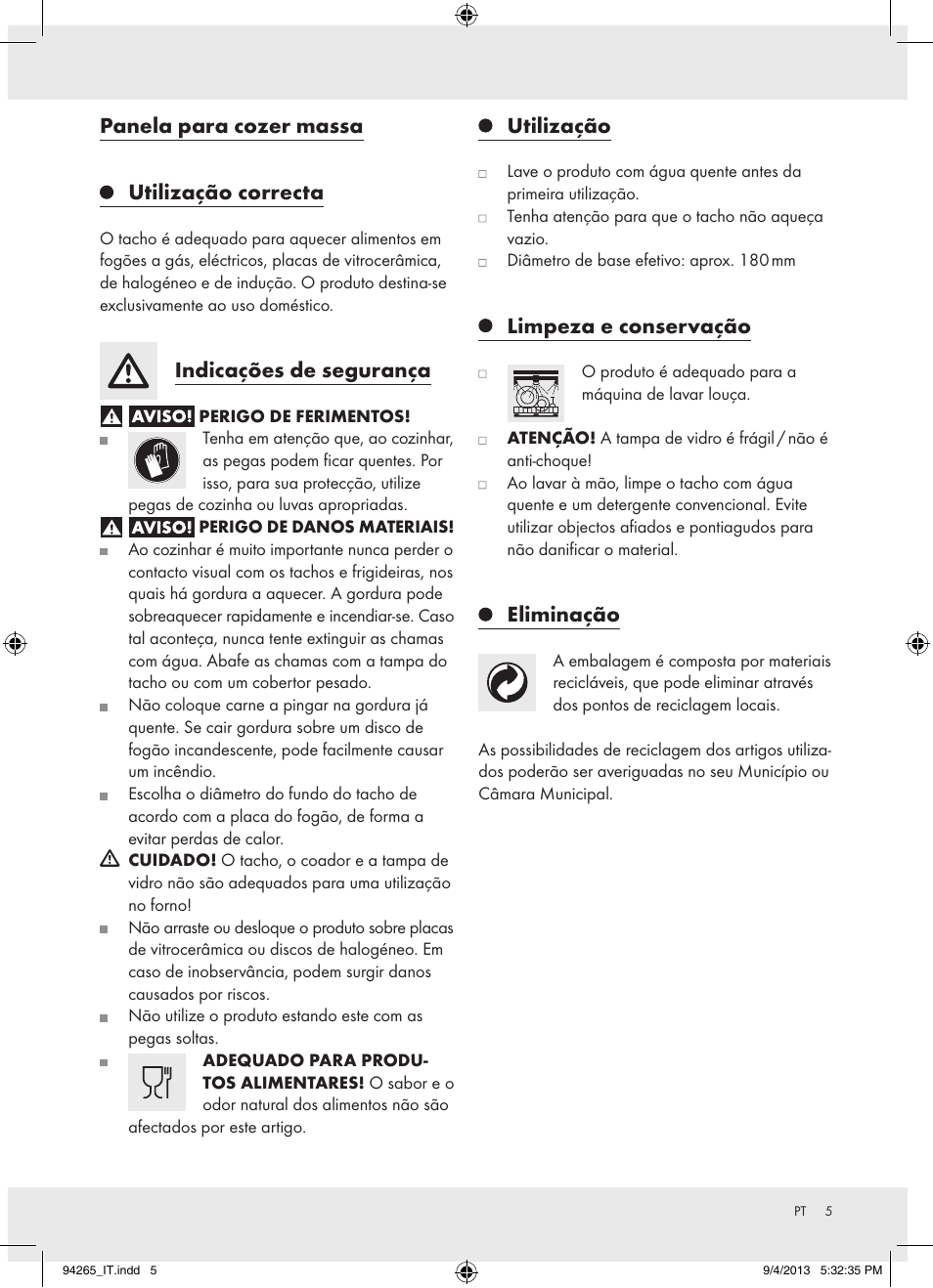 Panela para cozer massa utilização correcta, Indicações de segurança, Utilização | Limpeza e conservação, Eliminação | Ernesto Z26782 User Manual | Page 5 / 8