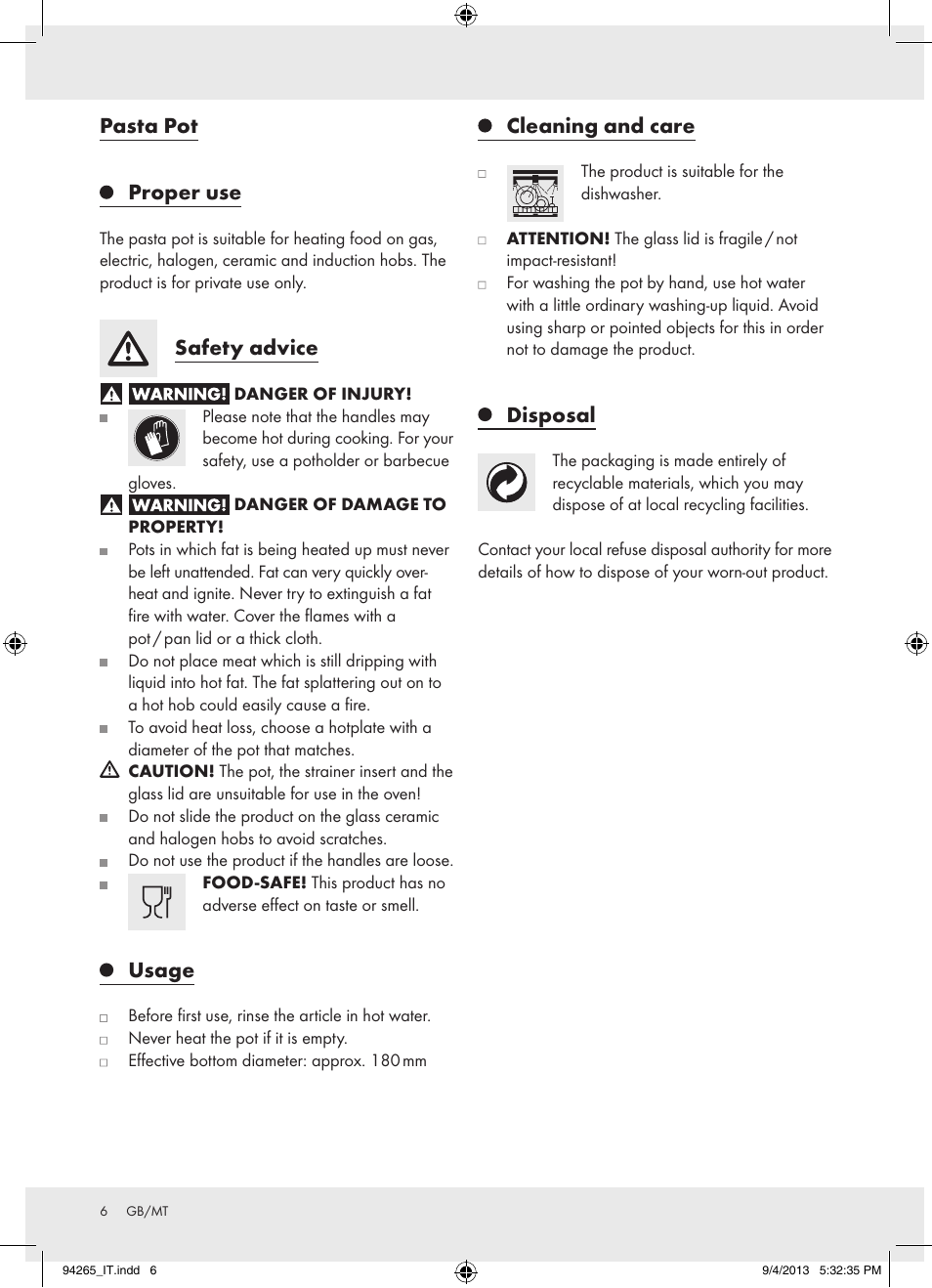 Pasta pot proper use, Safety advice, Usage | Cleaning and care, Disposal | Ernesto Z26782 User Manual | Page 6 / 8