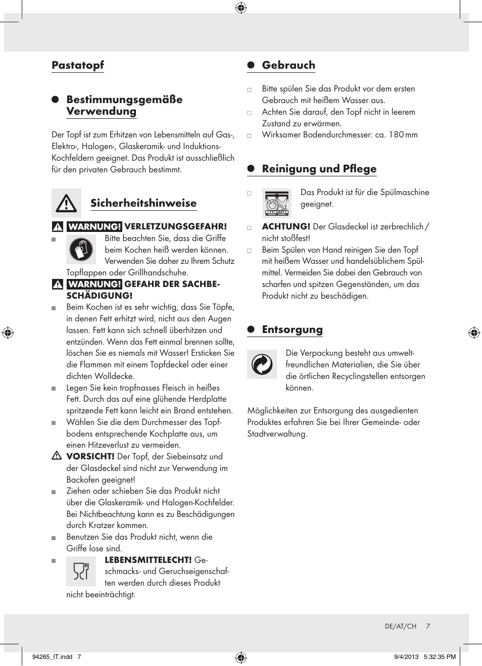 Pastatopf bestimmungsgemäße verwendung, Sicherheitshinweise, Gebrauch | Reinigung und pflege, Entsorgung | Ernesto Z26782 User Manual | Page 7 / 8