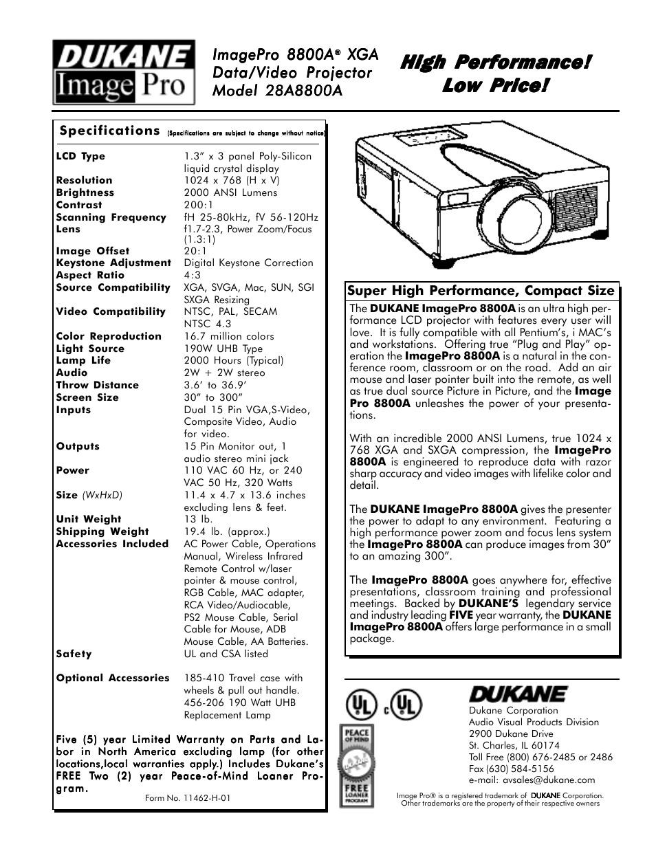 High performance, Imagepro 8800a, Audio visual products | Super high performance, compact size | Dukane ImagePro 8800A User Manual | Page 2 / 2