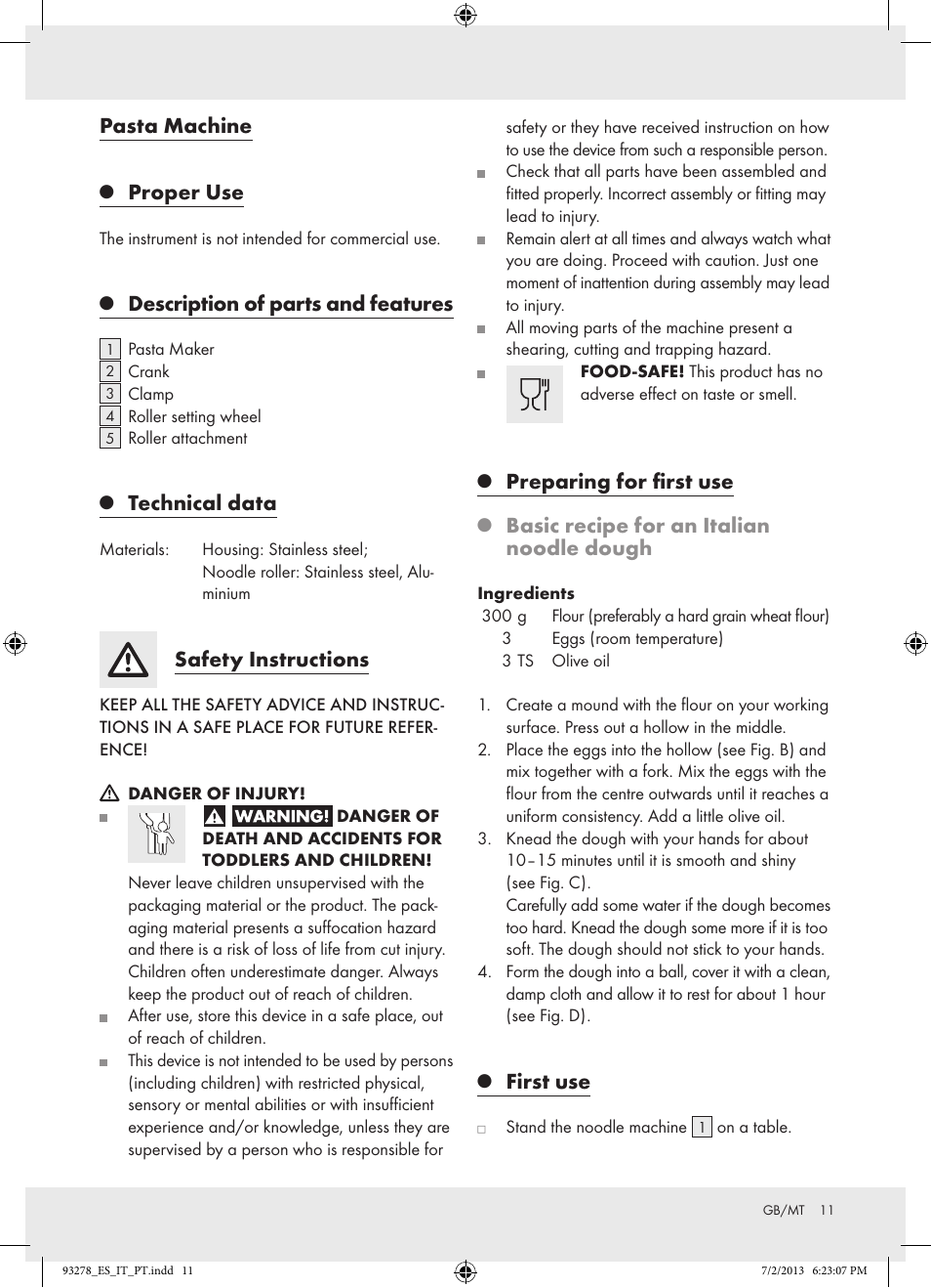 Pasta machine, Proper use, Description of parts and features | Technical data, Safety instructions, Preparing for first use, Basic recipe for an italian noodle dough, First use | Ernesto Z17066 User Manual | Page 11 / 15