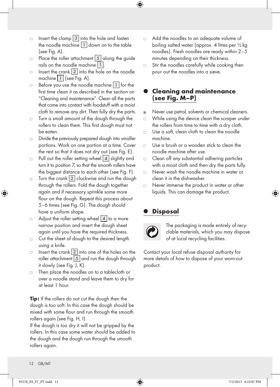 Cleaning and maintenance (see fig. m–p), Disposal | Ernesto Z17066 User Manual | Page 12 / 15