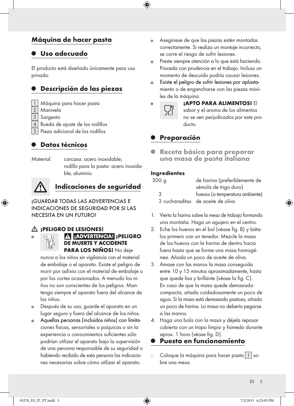 Máquina de hacer pasta, Uso adecuado, Descripción de las piezas | Datos técnicos, Indicaciones de seguridad, Preparación, Puesta en funcionamiento | Ernesto Z17066 User Manual | Page 5 / 15