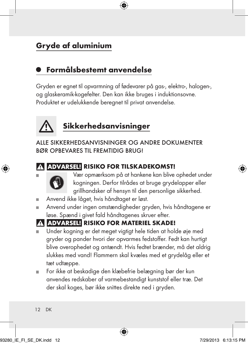 Gryde af aluminium formålsbestemt anvendelse, Sikkerhedsanvisninger | Ernesto H14270 User Manual | Page 12 / 24