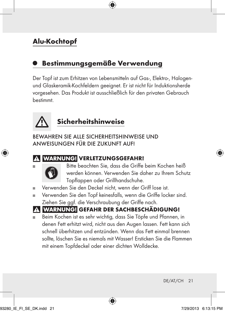 Alu-kochtopf bestimmungsgemäße verwendung, Sicherheitshinweise | Ernesto H14270 User Manual | Page 21 / 24