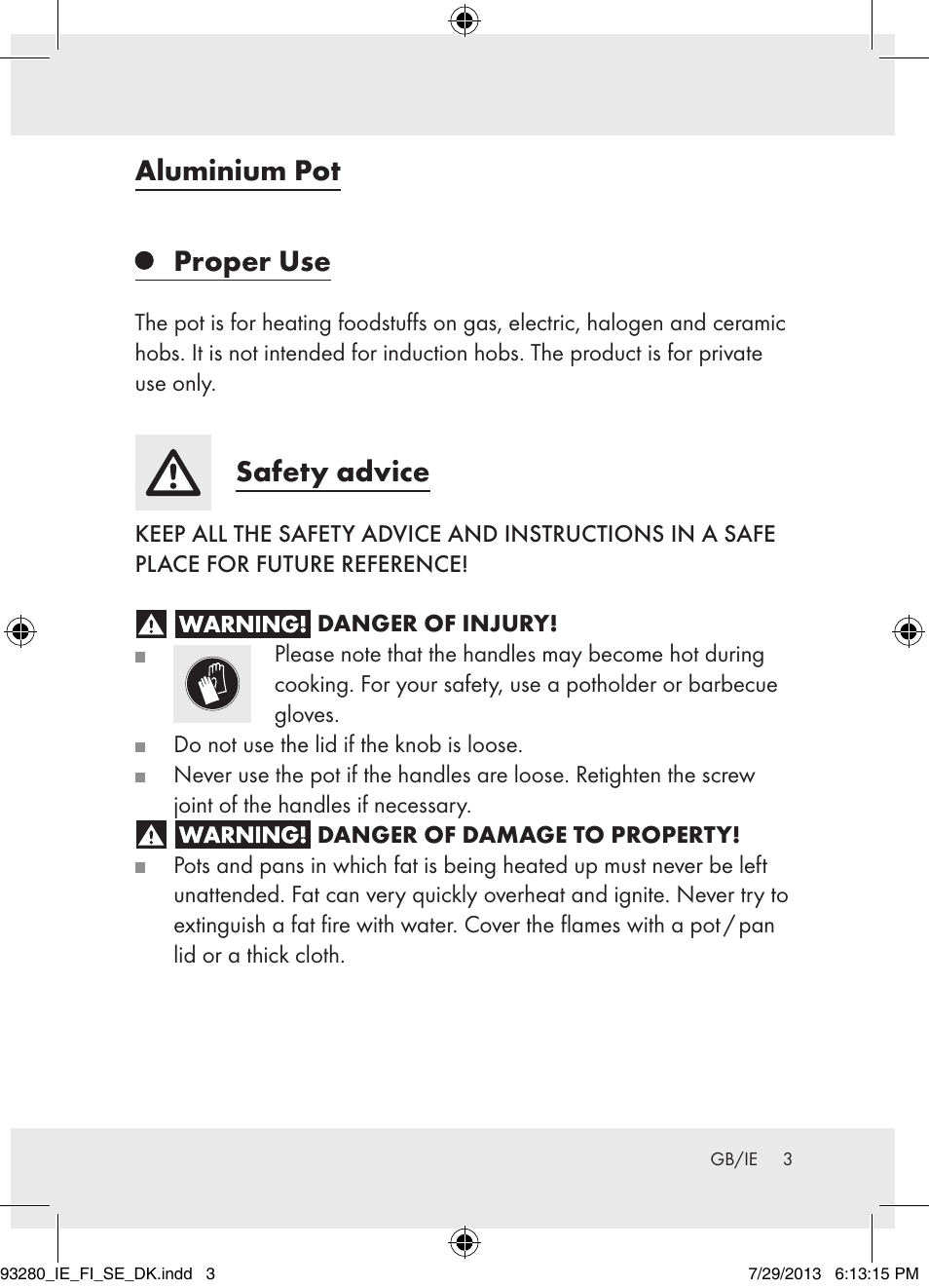 Aluminium pot proper use, Safety advice | Ernesto H14270 User Manual | Page 3 / 24