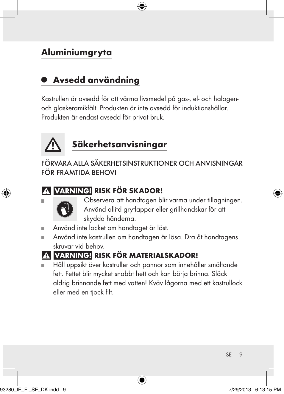 Aluminiumgryta avsedd användning, Säkerhetsanvisningar | Ernesto H14270 User Manual | Page 9 / 24