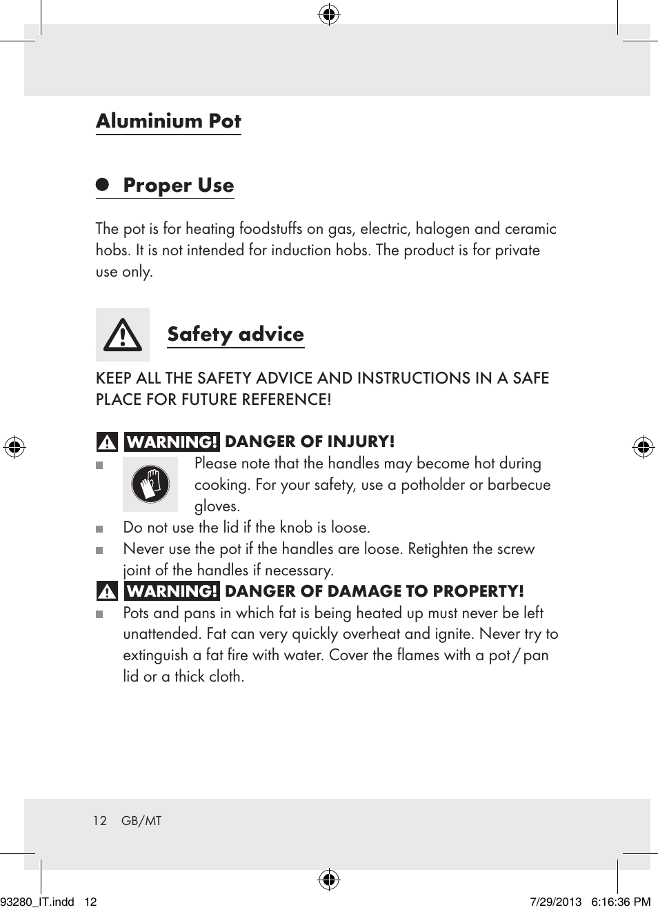 Aluminium pot proper use, Safety advice | Ernesto H14270 User Manual | Page 12 / 18