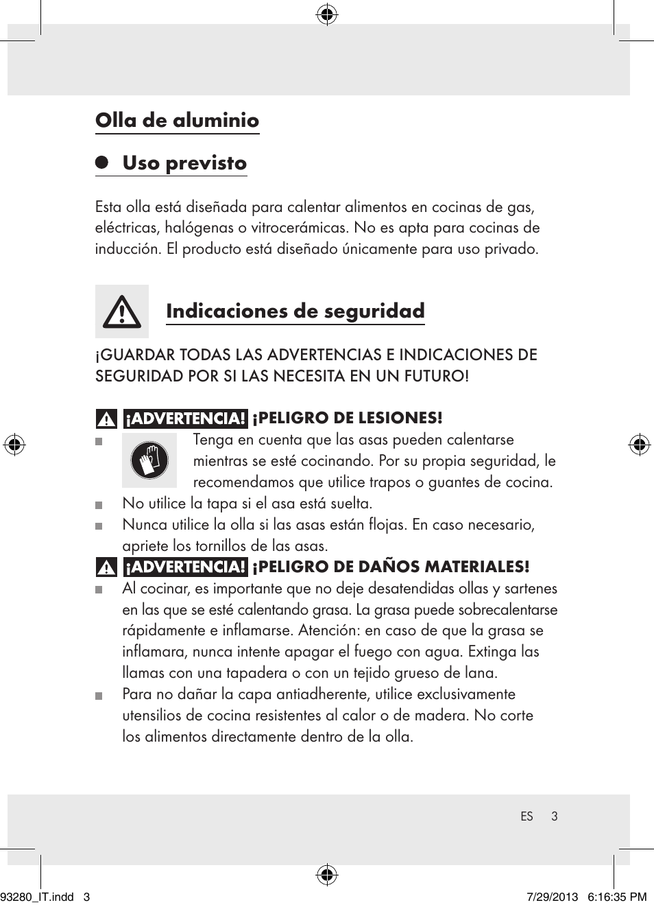 Olla de aluminio uso previsto, Indicaciones de seguridad | Ernesto H14270 User Manual | Page 3 / 18