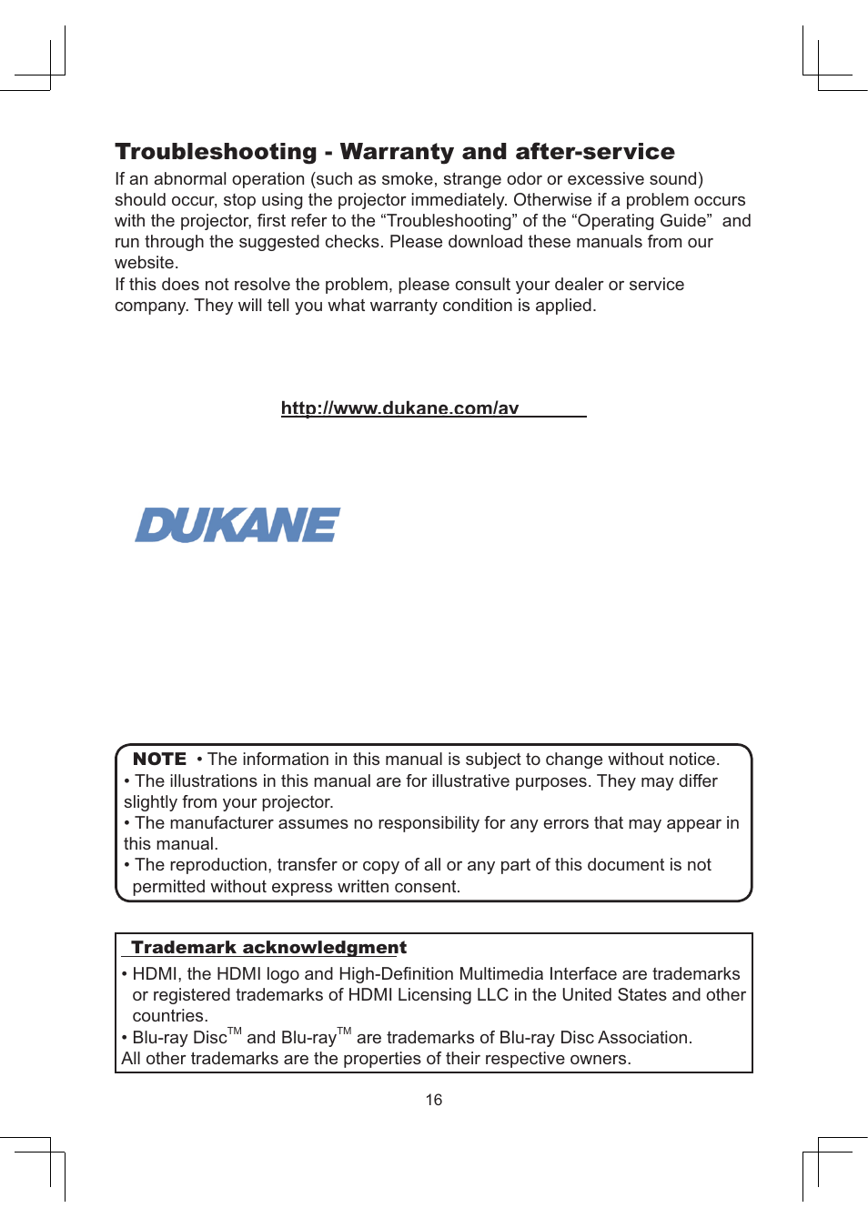 Troubleshooting - warranty and after-service | Dukane Projector 8112 User Manual | Page 16 / 17