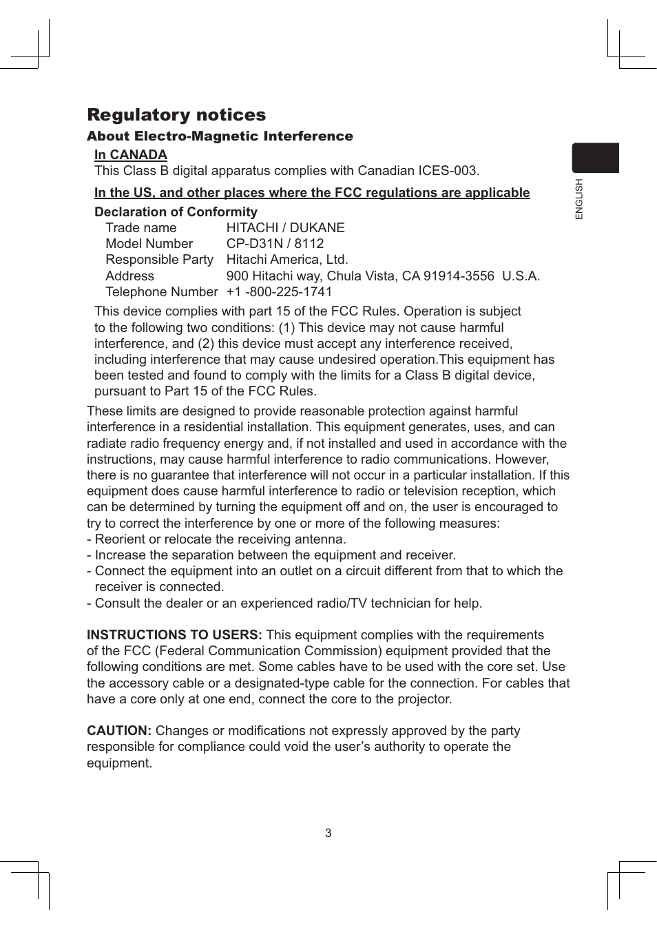 Regulatory notices | Dukane Projector 8112 User Manual | Page 3 / 17