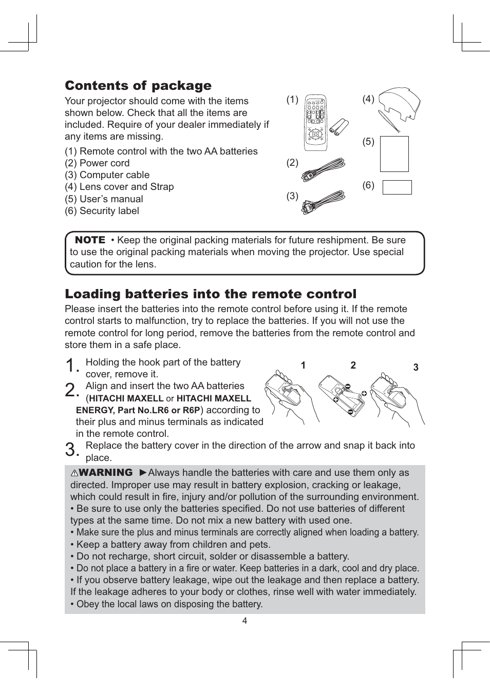 Contents of package, Loading batteries into the remote control | Dukane Projector 8112 User Manual | Page 4 / 17