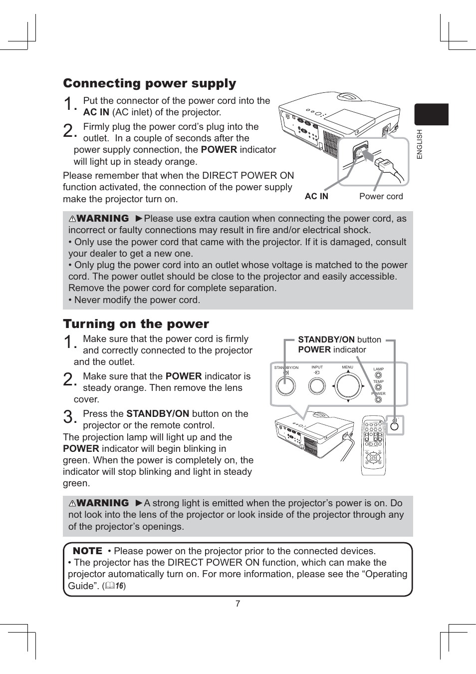 Turning on the power, Connecting power supply | Dukane Projector 8112 User Manual | Page 7 / 17