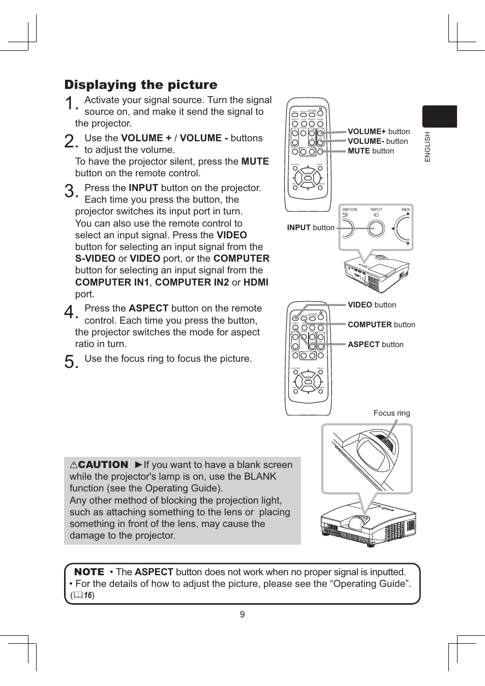 Displaying the picture, Use the focus ring to focus the picture, Focus ring | English | Dukane Projector 8112 User Manual | Page 9 / 17