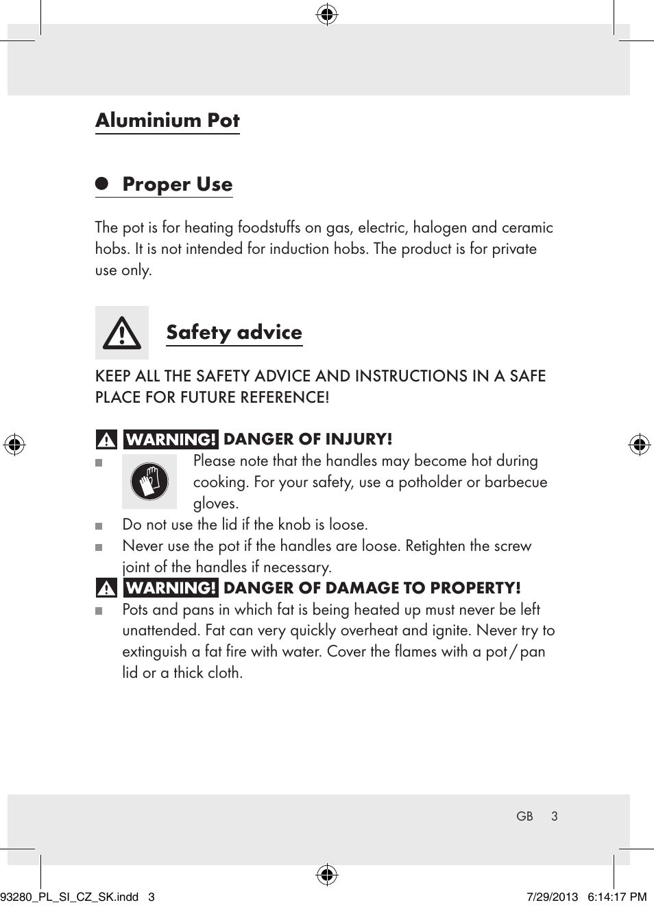 Aluminium pot proper use, Safety advice | Ernesto H14270 User Manual | Page 3 / 25