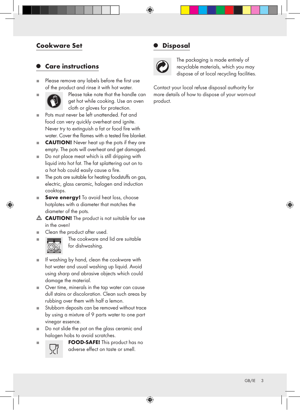 Cookware set, Care instructions, Disposal | Ernesto Z31549 User Manual | Page 3 / 10