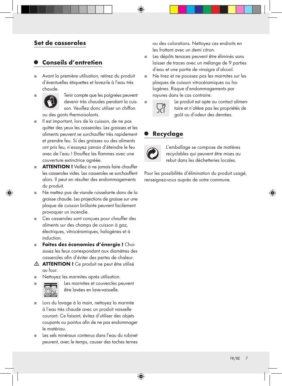 Set de casseroles, Conseils d’entretien, Recyclage | Ernesto Z31549 User Manual | Page 7 / 10