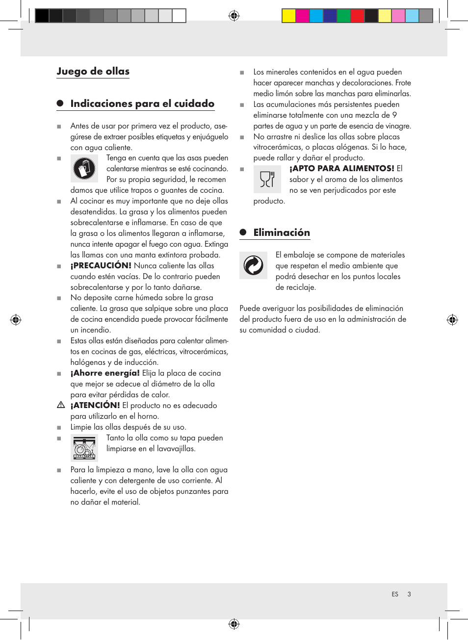 Juego de ollas, Indicaciones para el cuidado, Eliminación | Ernesto Z31549 User Manual | Page 3 / 8