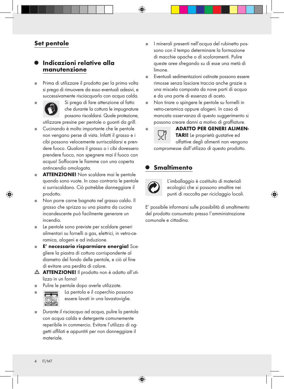 Set pentole, Indicazioni relative alla manutenzione, Smaltimento | Ernesto Z31549 User Manual | Page 4 / 8