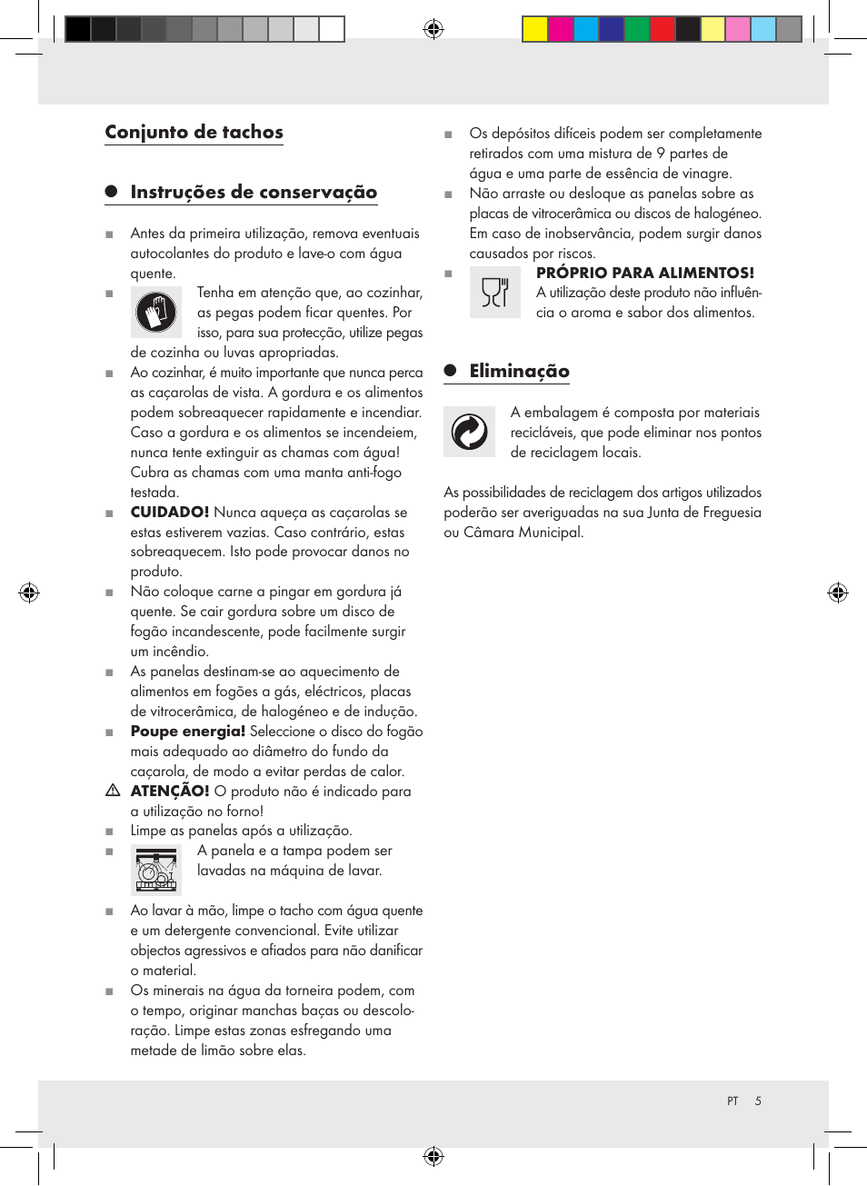 Conjunto de tachos, Instruções de conservação, Eliminação | Ernesto Z31549 User Manual | Page 5 / 8