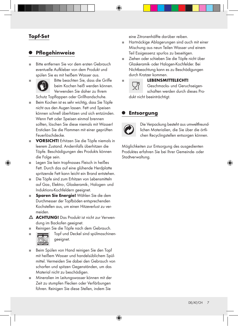 Topf-set, Pflegehinweise, Entsorgung | Ernesto Z31549 User Manual | Page 7 / 8