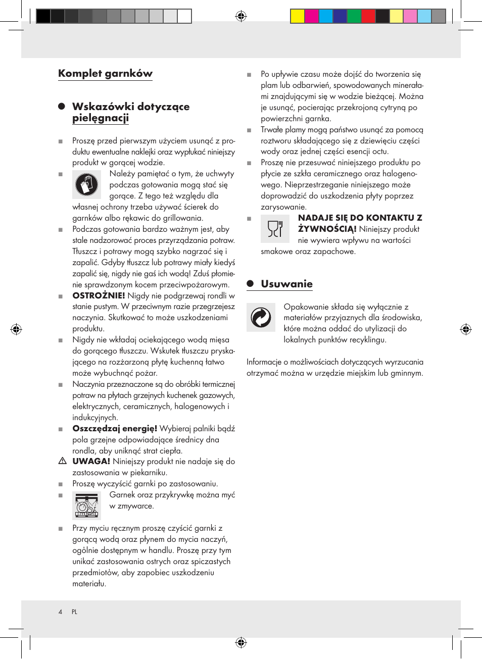 Komplet garnków, Wskazówki dotyczące pielęgnacji, Usuwanie | Ernesto Z31549 User Manual | Page 4 / 10
