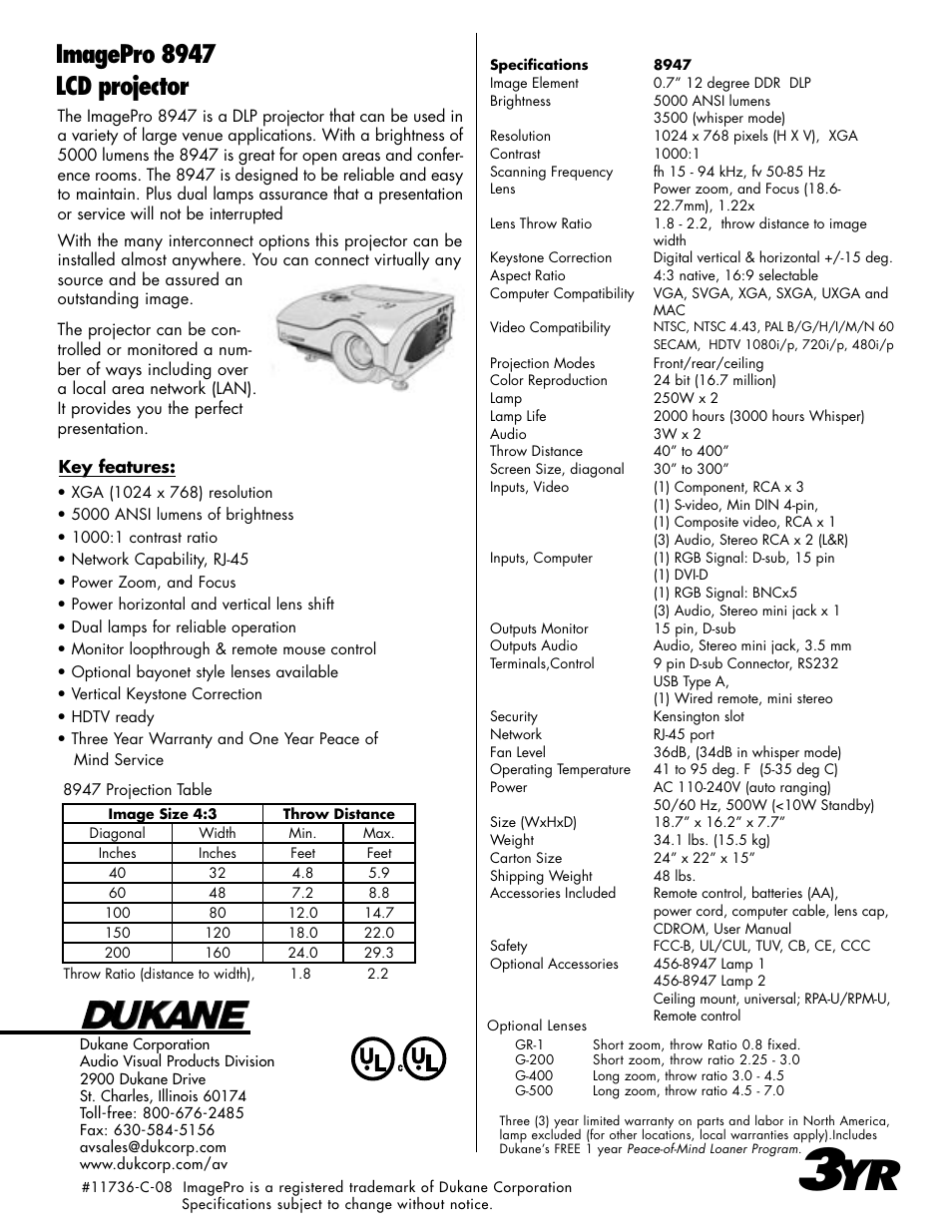 Imagepro 8947 lcd projector | Dukane 8947 User Manual | Page 2 / 2