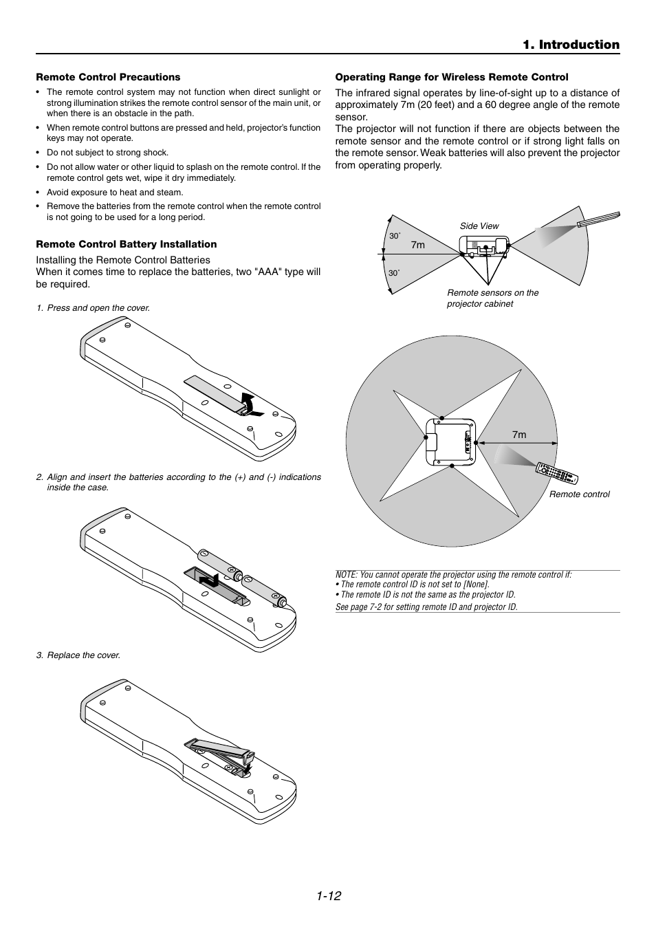 Remote control precautions, Remote control battery installation, Operating range for wireless remote control | 12 1. introduction | Dukane 9060 User Manual | Page 16 / 114