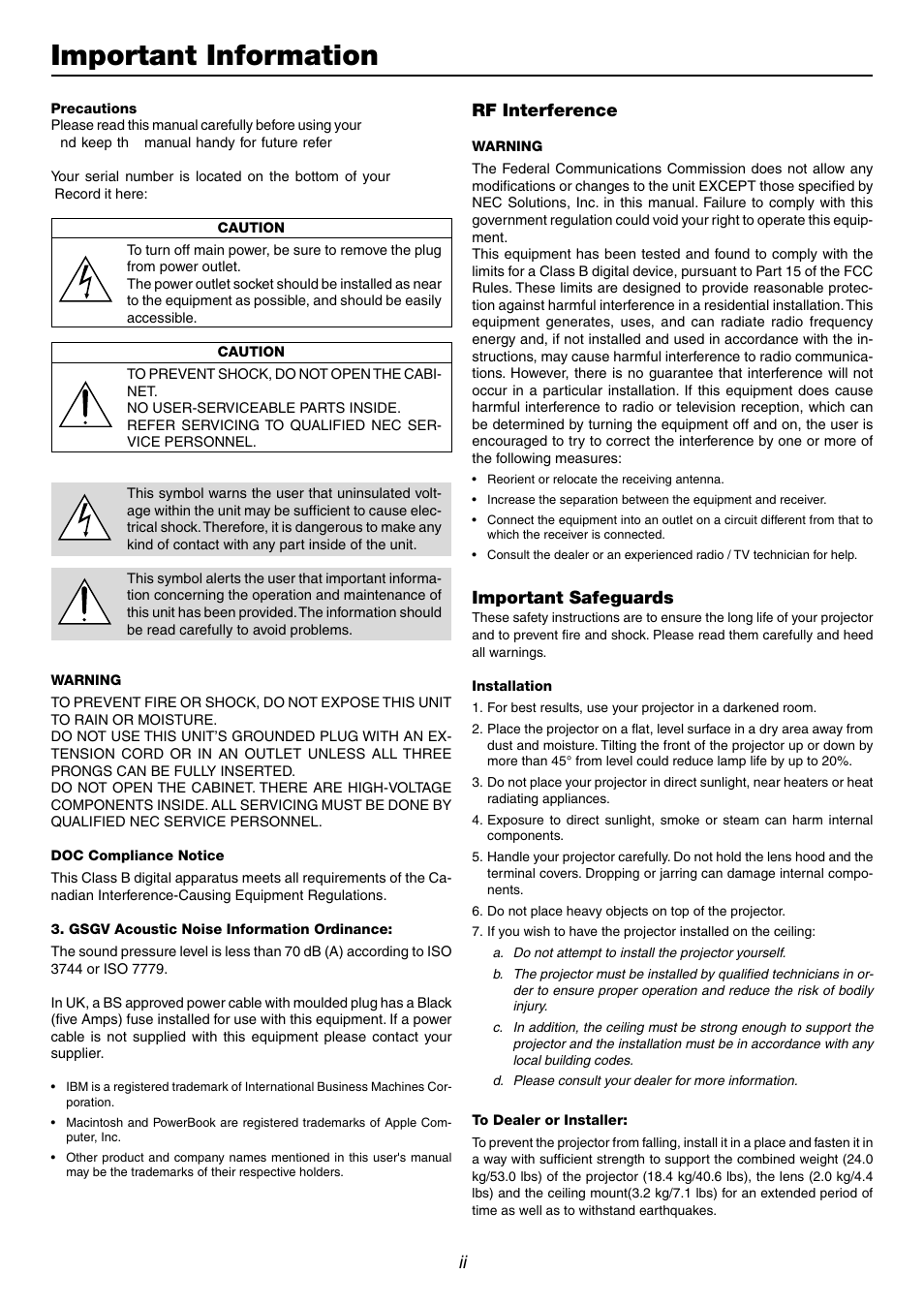 Important information, Rf interference, Important safeguards | Dukane 9060 User Manual | Page 2 / 114