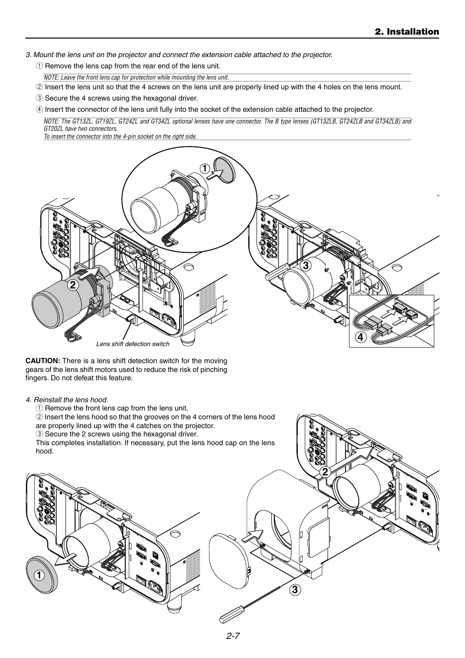 Installation, Reinstall the lens hood, Aud io | Audio, Lens shift defection switch | Dukane 9060 User Manual | Page 25 / 114