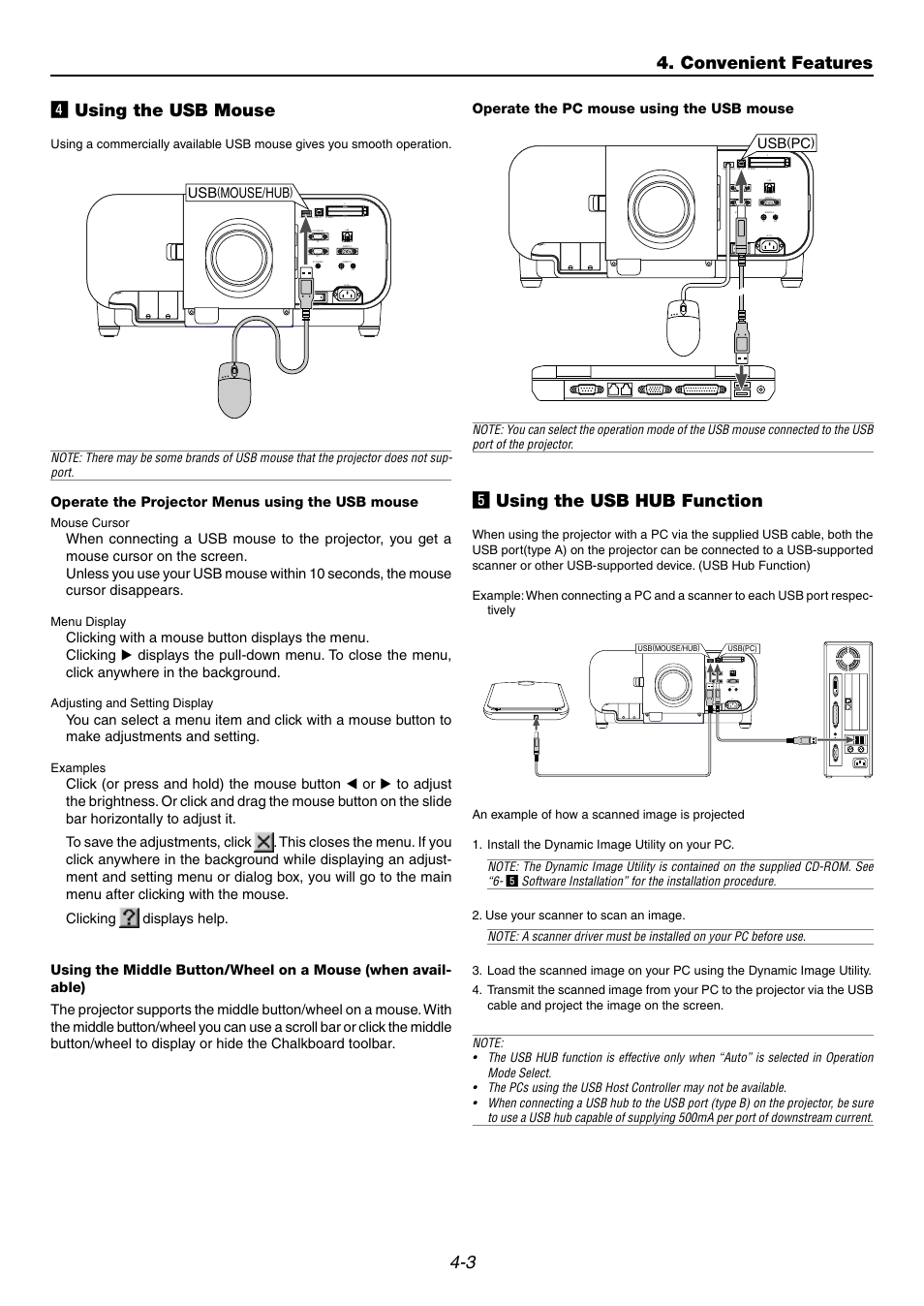 4] using the usb mouse, 5] using the usb hub function, 3 v using the usb mouse | B using the usb hub function, Convenient features, Operate the projector menus using the usb mouse, Audio, Mouse/hub, Operate the pc mouse using the usb mouse | Dukane 9060 User Manual | Page 43 / 114