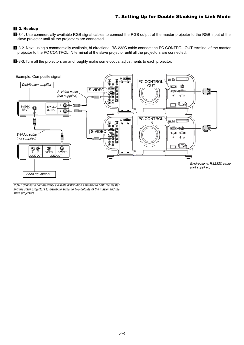 Setting up for double stacking in link mode, Audio, S-video | S-video pc control out pc control in, Example: composite signal | Dukane 9060 User Manual | Page 66 / 114