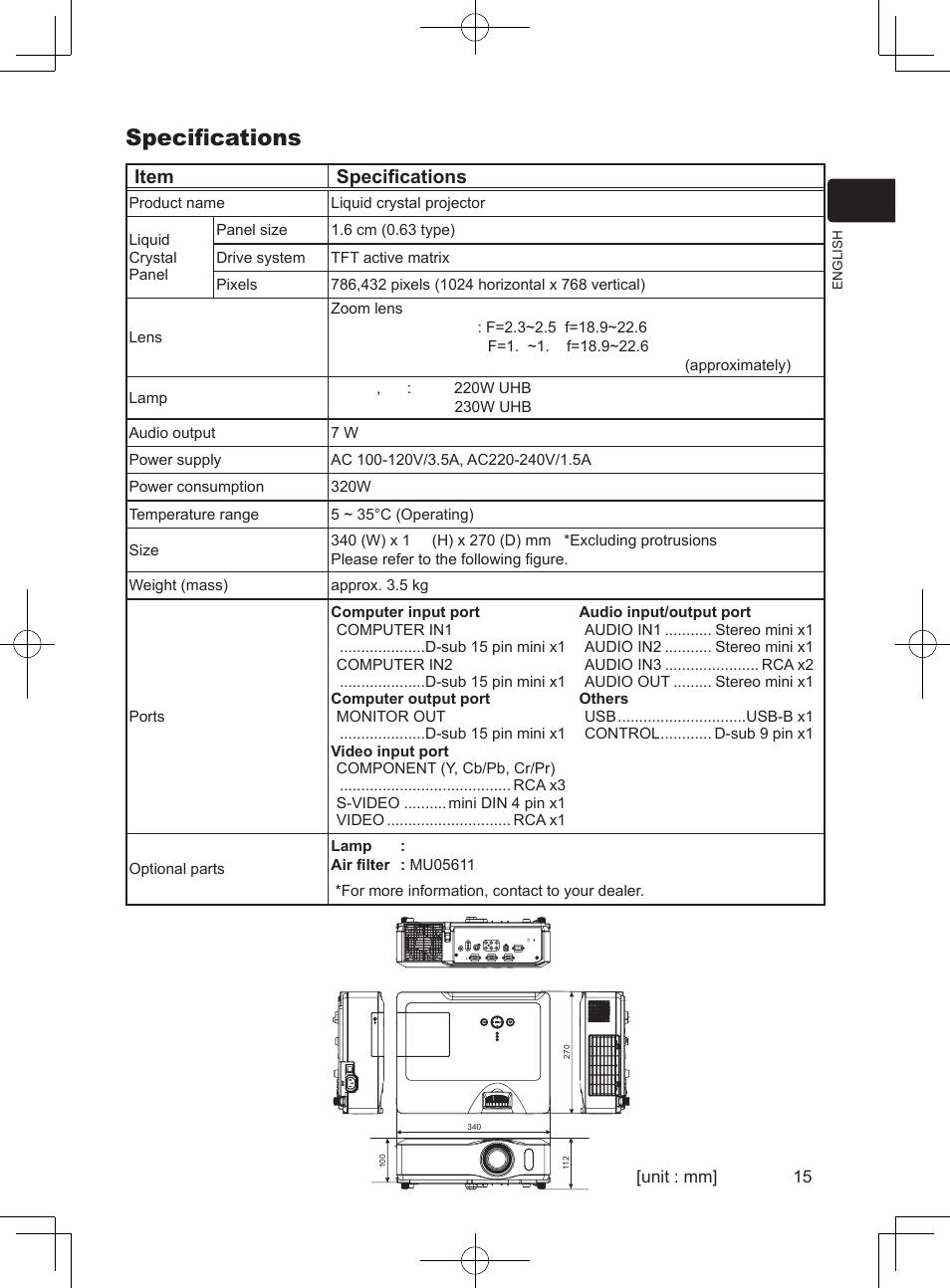 Specifications, Item specifications | Dukane 8913H User Manual | Page 15 / 16