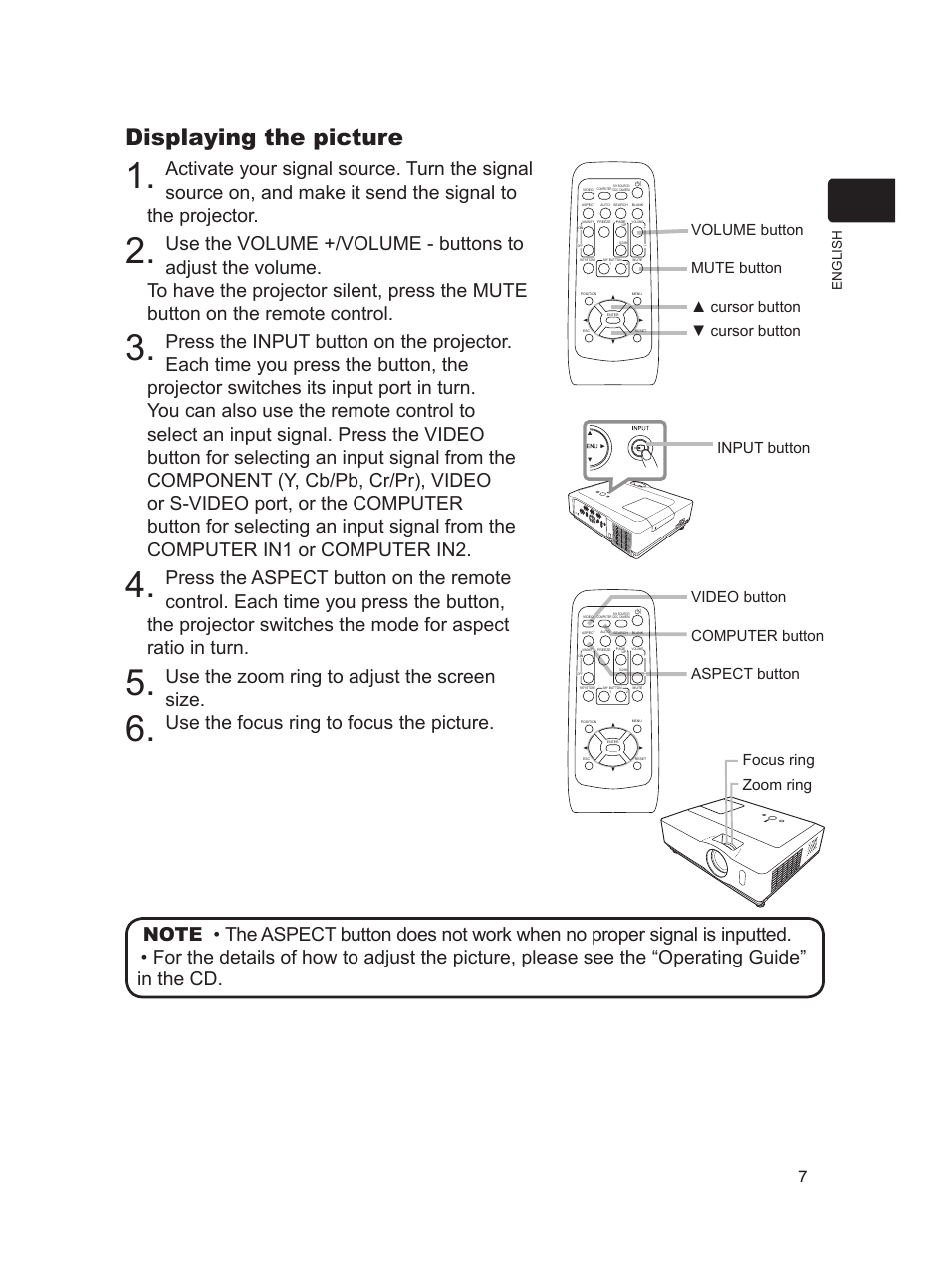 Displaying the picture, Use the zoom ring to adjust the screen size, Use the focus ring to focus the picture | Focus ring zoom ring | Dukane 8913H User Manual | Page 7 / 16