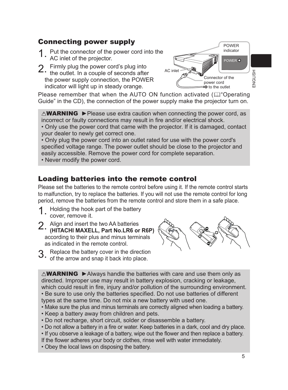 Loading batteries into the remote control, Connecting power supply | Dukane ImagePro 8783 User Manual | Page 5 / 12